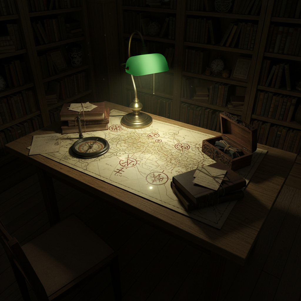 A dim back room of an occult folklore store, its centerpiece a large, map-strewn table displaying a faded chart of Edinburgh overlaid with hand-drawn sigils and marked ley lines. Around the map rest a compass made of blackened brass, a stack of annotated folklore manuscripts, and a small wooden box slightly ajar, hinting at unknown contents. A single green-shaded banker’s lamp casts concentrated light on the table, leaving the surrounding shelves of books and relics to recede into shadow. Photographic realism, shot from a high three-quarter angle, emphasizing the geometry of the map and objects. The atmosphere feels conspiratorial and scholarly, like a hidden planning room for uncovering the city’s supernatural history.