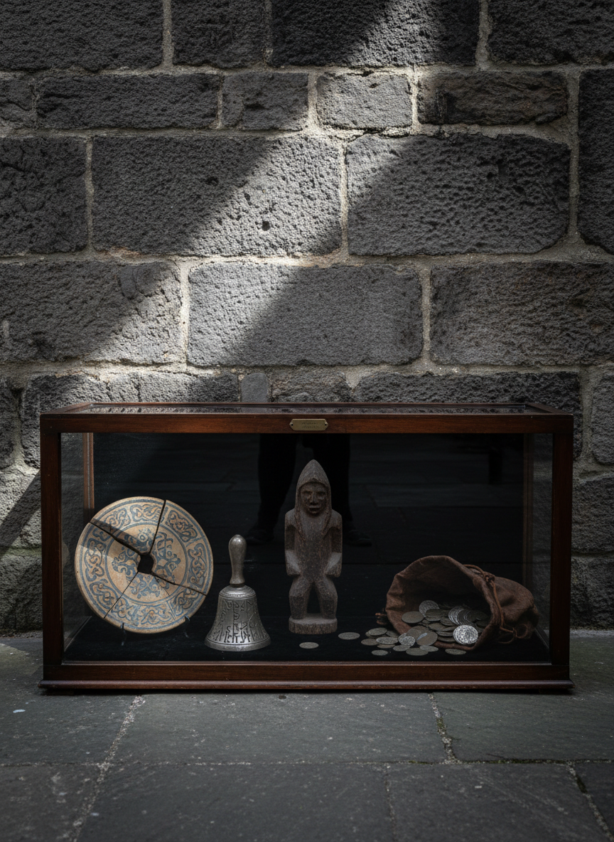 A low, glass-fronted cabinet labeled only by a small, unlit metal plate, filled with one-of-a-kind occult artifacts: a cracked ceramic talisman painted with Celtic knots, a silver bell etched with runes, a peat-darkened wooden idol, and a leather pouch spilling ancient coins. The cabinet stands against rough stone reminiscent of an old Edinburgh close. Subtle side lighting from an unseen source to the left creates sharp reflections on the glass and deep shadows inside, enhancing the sense of secrecy. Photographic realism with a straight-on, eye-level composition, moderate depth of field keeping all objects clear, the mood heavy and anticipatory, as if this hoard has not yet been fully cataloged or revealed to the public.