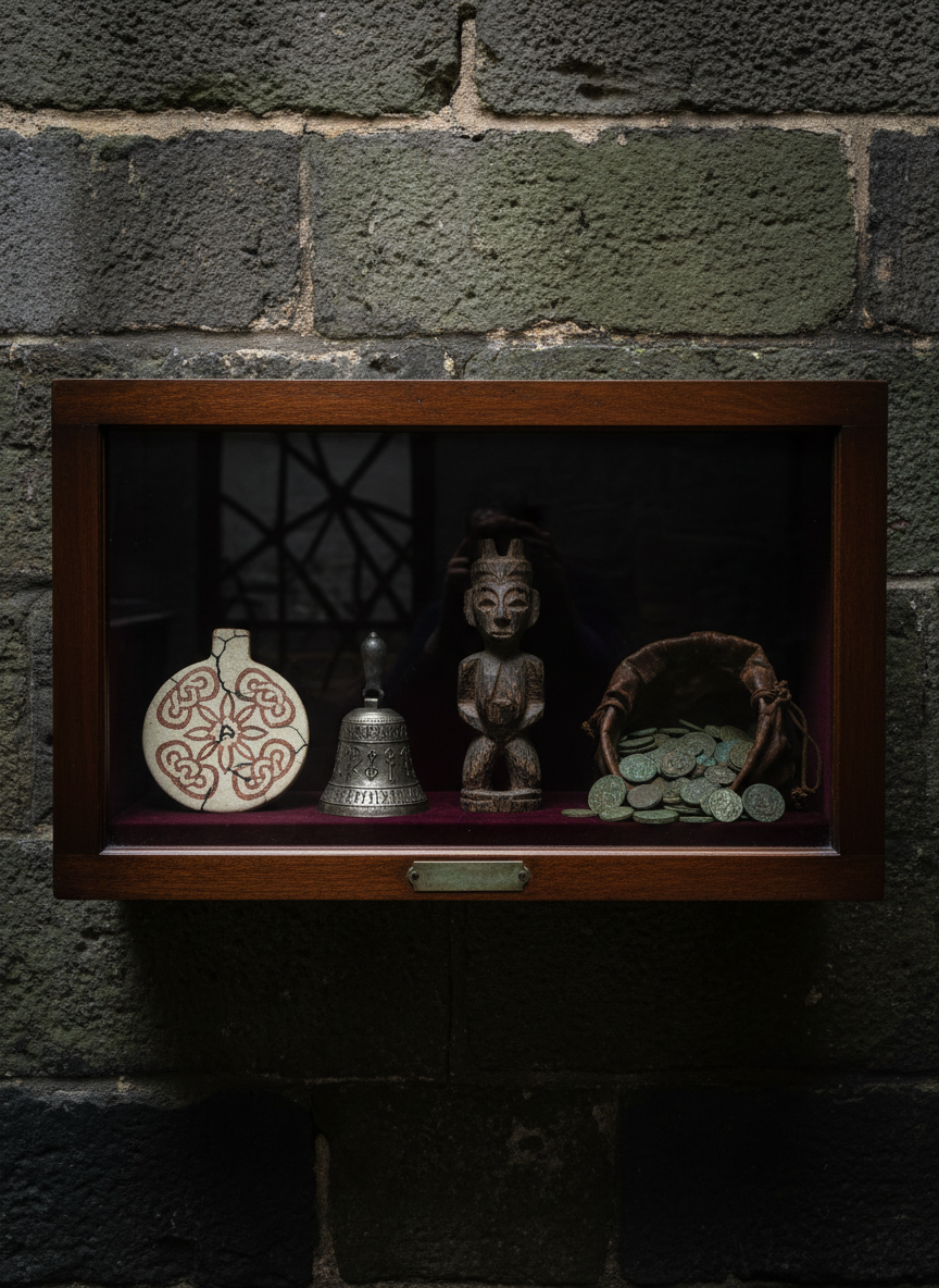 A low, glass-fronted cabinet labeled only by a small, unlit metal plate, filled with one-of-a-kind occult artifacts: a cracked ceramic talisman painted with Celtic knots, a silver bell etched with runes, a peat-darkened wooden idol, and a leather pouch spilling ancient coins. The cabinet stands against rough stone reminiscent of an old Edinburgh close. Subtle side lighting from an unseen source to the left creates sharp reflections on the glass and deep shadows inside, enhancing the sense of secrecy. Photographic realism with a straight-on, eye-level composition, moderate depth of field keeping all objects clear, the mood heavy and anticipatory, as if this hoard has not yet been fully cataloged or revealed to the public.