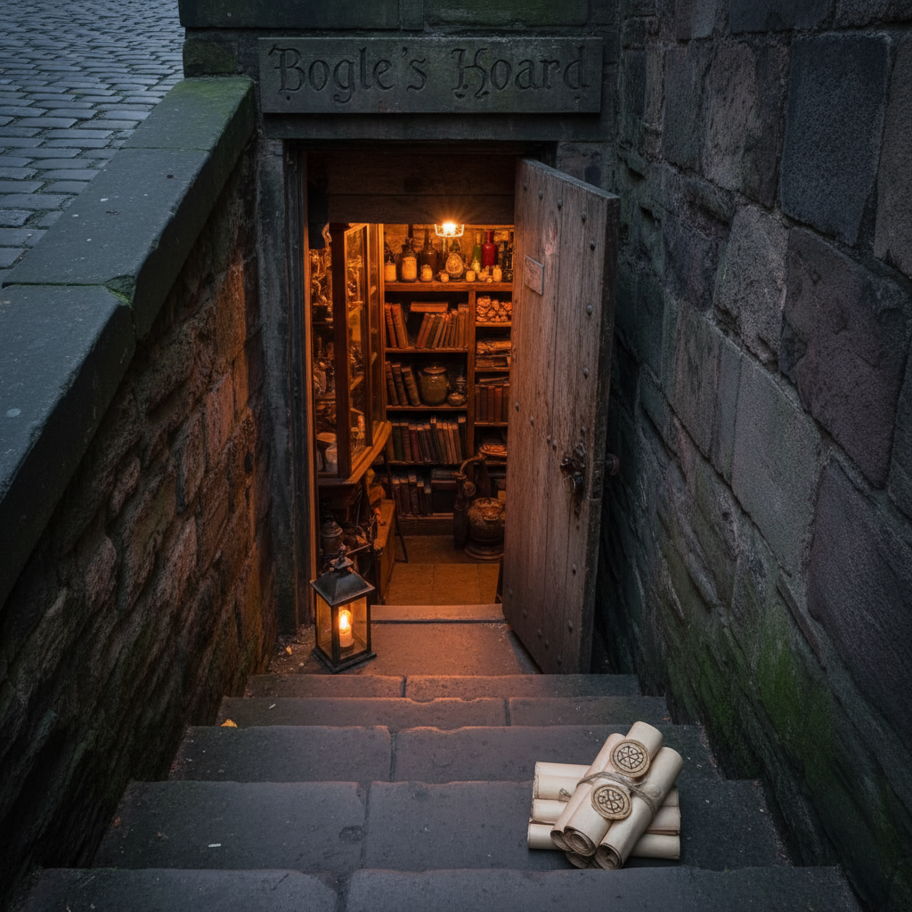 A narrow stone stairwell descending beneath an old Edinburgh shop, the entrance framed by a heavy wooden door left slightly open, revealing a glimpse of shelves crowded with occult books and curiosities below. On the top step rests a lantern-shaped light fixture with a softly glowing bulb, illuminating a small stack of folklore pamphlets stamped with a subtle sigil instead of text. Cool, indirect light from the street mingles with the warm glow from below, creating a gradient from grey to amber down the steps. Photographic realism, composed from the top of the stairs looking down, strong leading lines drawing the eye into the unseen depths of Bogle’s Hoard, evoking a secret “coming soon” underworld of treasures.