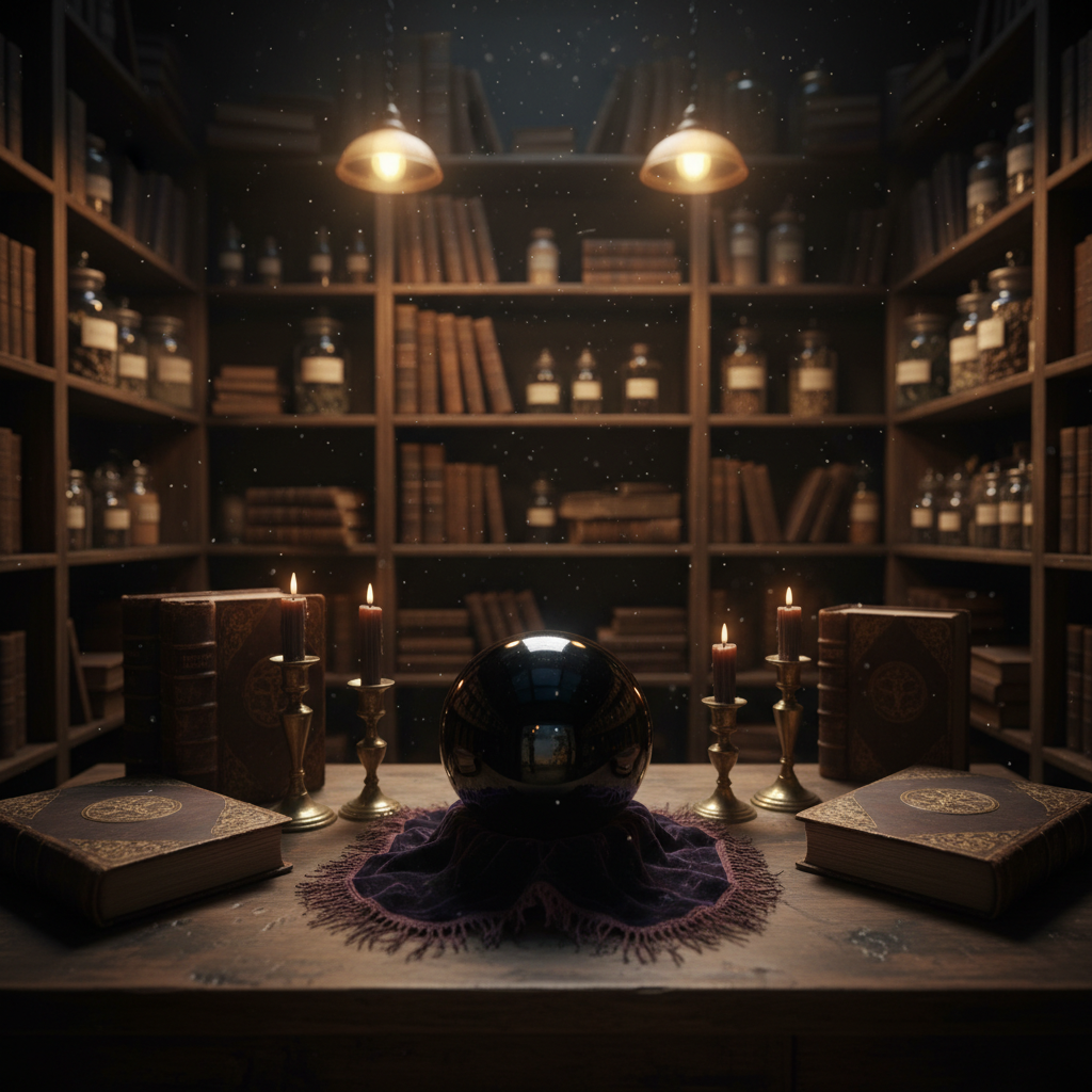 A shadowy wooden display table inside a narrow Edinburgh occult shop, covered with worn leather-bound grimoires, tarnished brass candlesticks, and a single obsidian scrying sphere resting on a velvet cloth. The shelves behind rise into darkness, crammed with folklore tomes and strange labeled jars. Dim, warm pendant lights cast pools of golden light, leaving the corners in deep shadow, highlighting dust motes suspended in the air. Photographic realism, eye-level composition with shallow depth of field, the scrying sphere in sharp focus while the rest of the hoard fades into soft bokeh, creating a mysterious, immersive atmosphere that feels like stepping into Bogle’s Hoard for the first time.