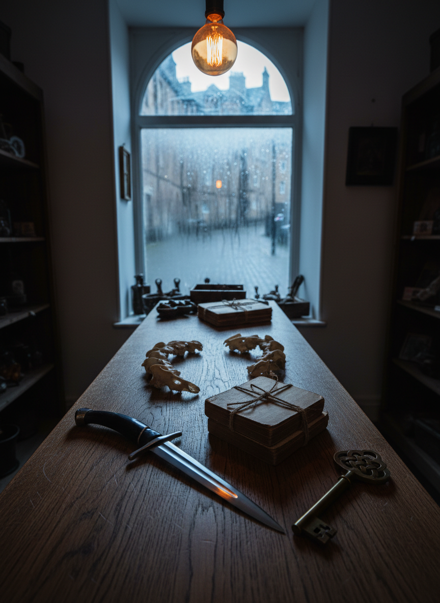 An antique oak counter in a small Edinburgh storefront, scarred with age, holding a curated arrangement of occult treasures: a horn-handled athame, a crescent of animal skull fragments, a stack of folklore chapbooks bound in twine, and a brass key with an intricate knotwork bow. In the background, a frosted window suggests a stone alley and rain-streaked glass. Cool, overcast daylight seeps in, mixing with a single warm Edison bulb overhead, creating moody contrast. Shot from a slightly elevated angle in photographic realism, with a balanced composition that keeps the implements central while the shop’s dim interior stretches into enigmatic blur, suggesting a “coming soon” trove beyond view.