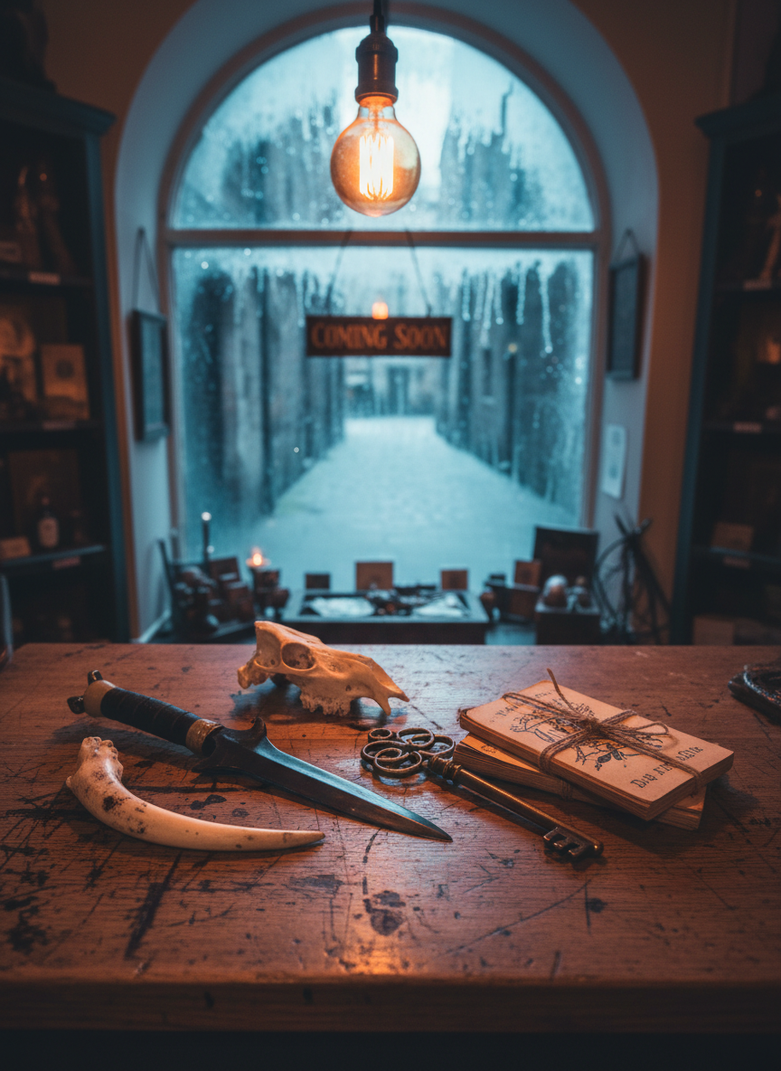 An antique oak counter in a small Edinburgh storefront, scarred with age, holding a curated arrangement of occult treasures: a horn-handled athame, a crescent of animal skull fragments, a stack of folklore chapbooks bound in twine, and a brass key with an intricate knotwork bow. In the background, a frosted window suggests a stone alley and rain-streaked glass. Cool, overcast daylight seeps in, mixing with a single warm Edison bulb overhead, creating moody contrast. Shot from a slightly elevated angle in photographic realism, with a balanced composition that keeps the implements central while the shop’s dim interior stretches into enigmatic blur, suggesting a “coming soon” trove beyond view.